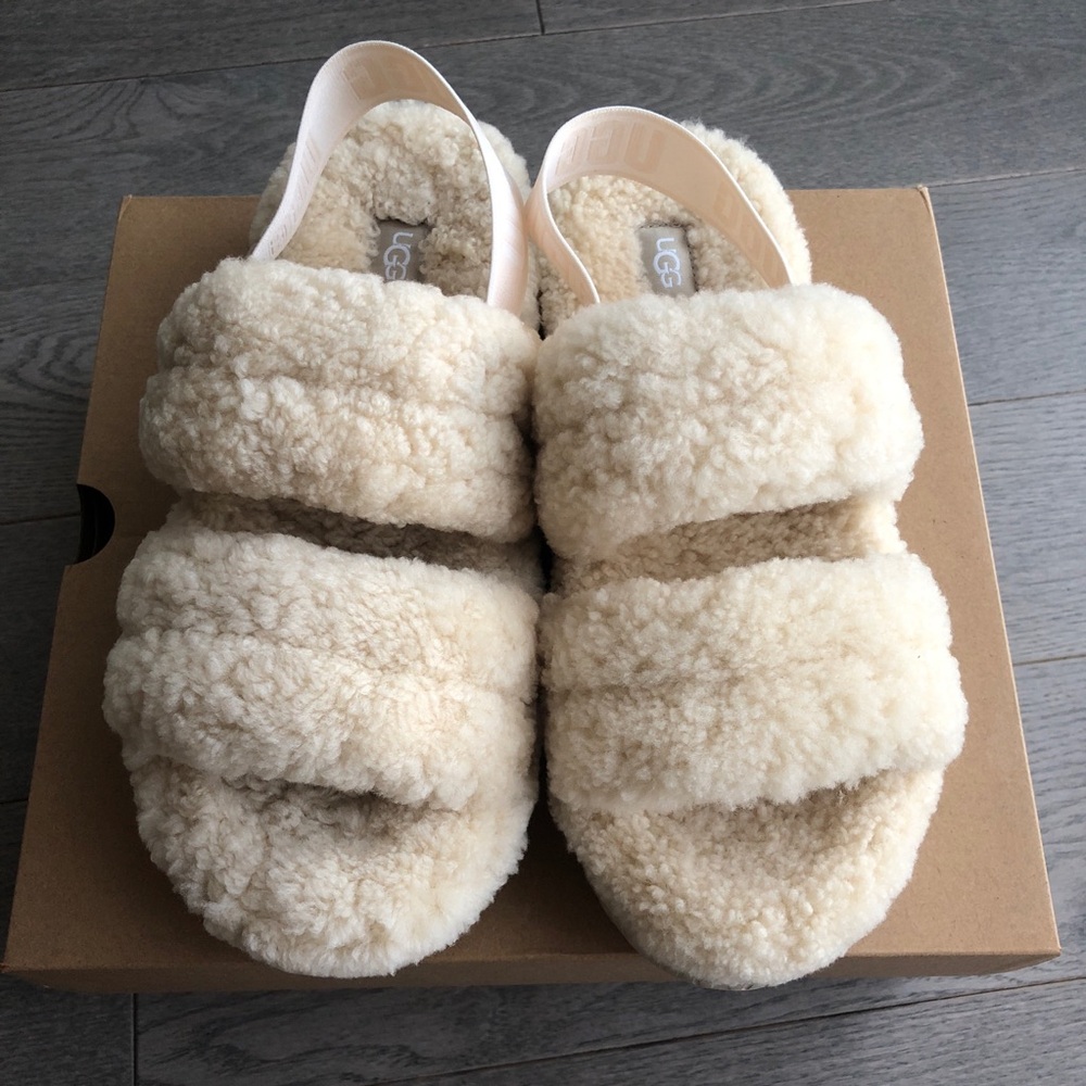 BNWT UGG Fluffy Yeah Sheepskin Slingback Slides Cream